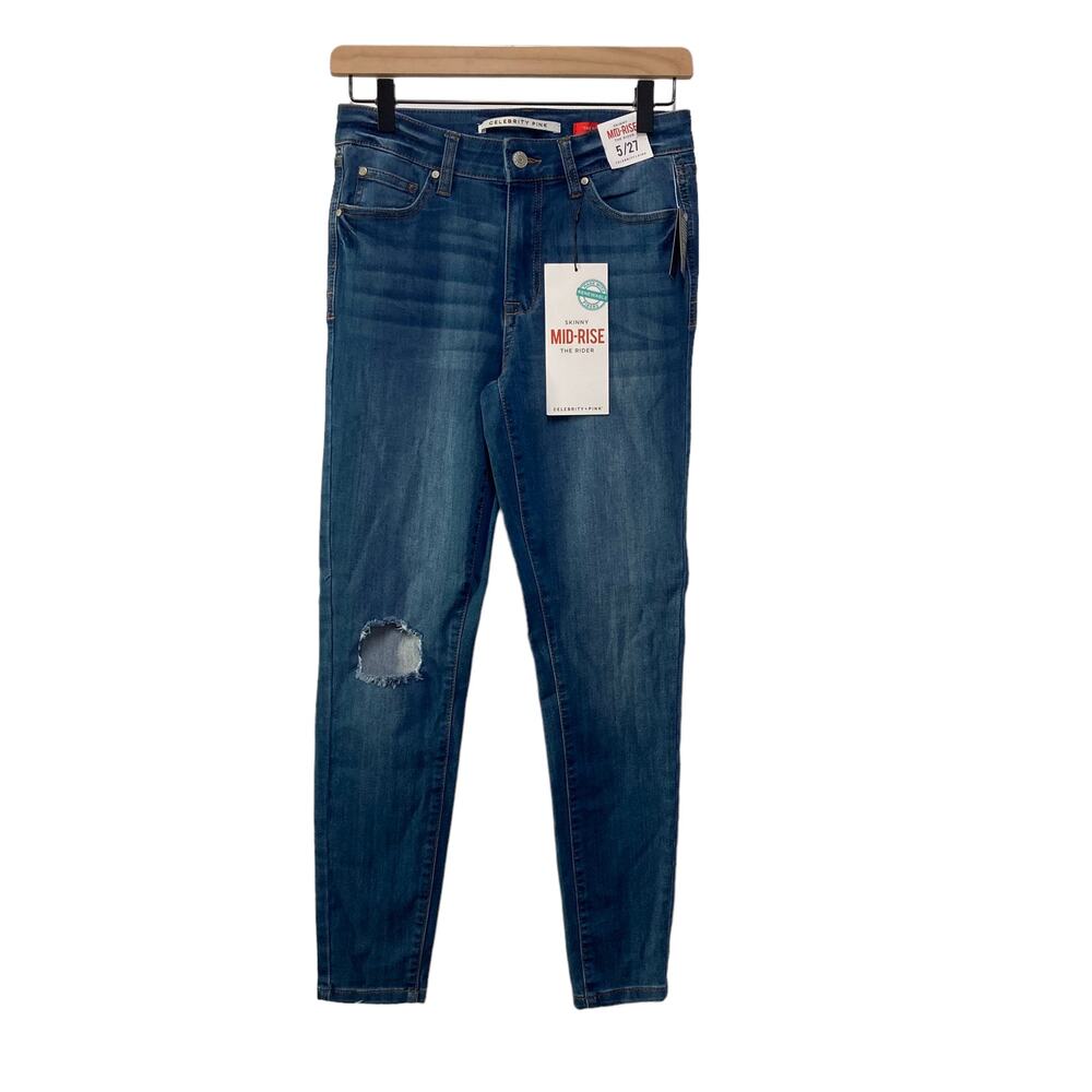 Celebrity Pink Skinny Mid-Rise The Rider Dark Wash Distressed